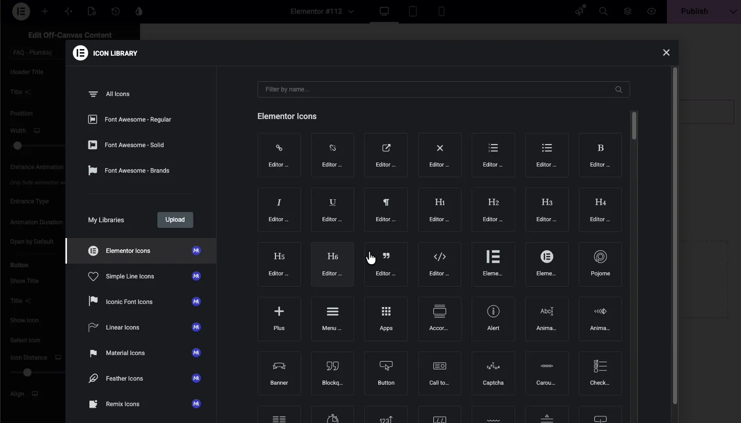 Elementor icon library open for choosing the off-canvas trigger button icon