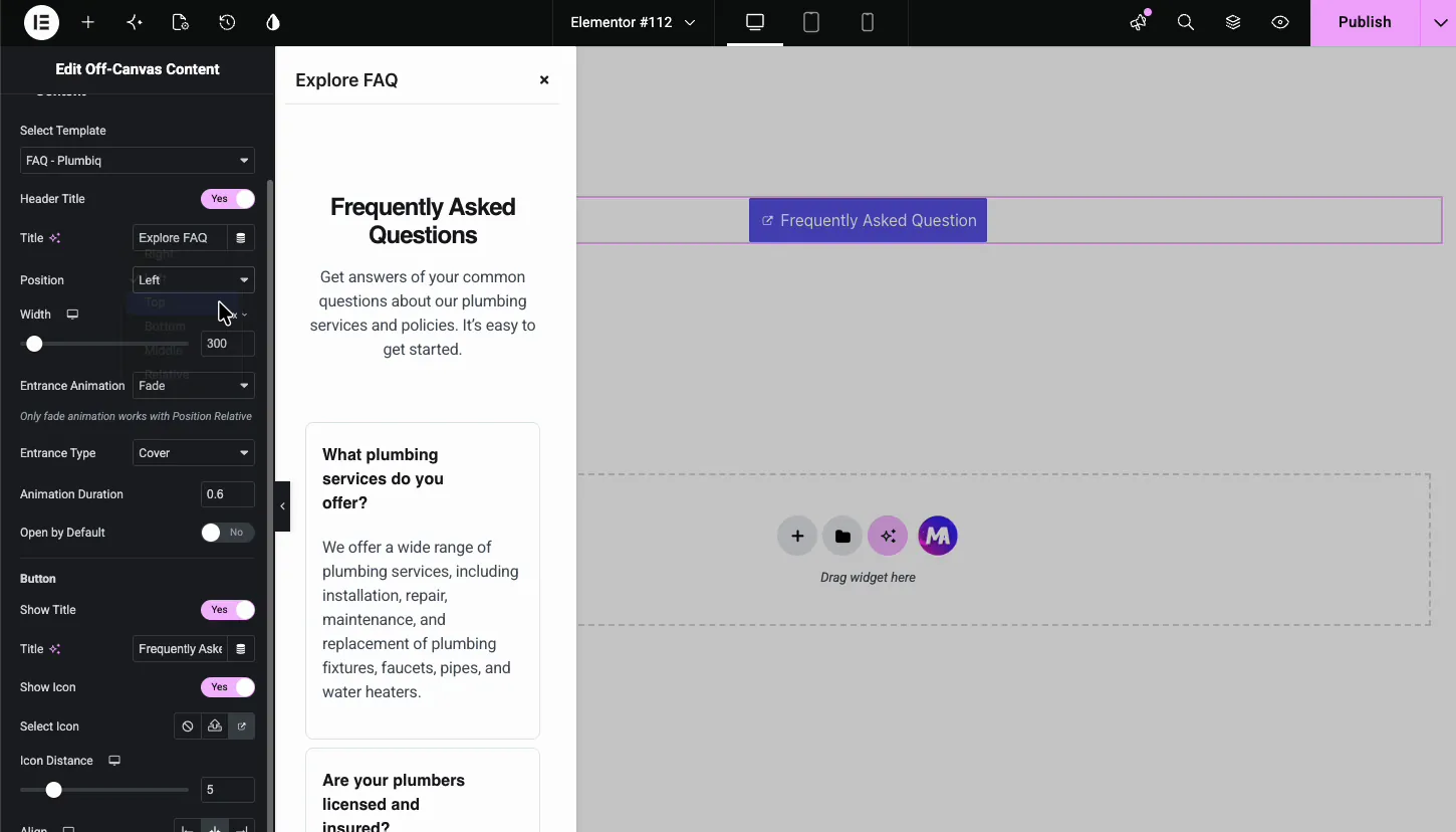 Off-canvas panel sliding in from the left in the Elementor editor showing the FAQ template content