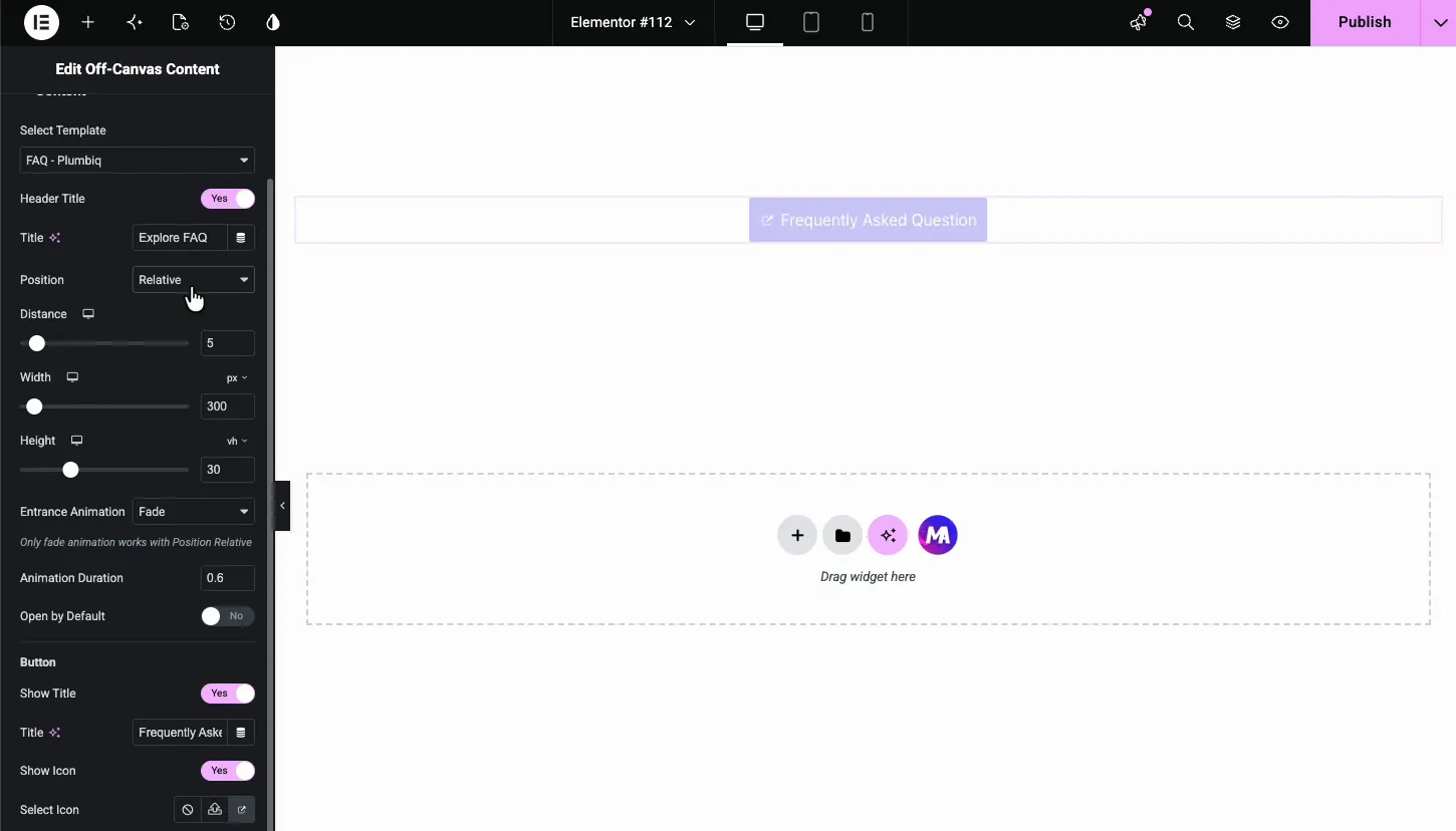 Off-canvas set to relative position with distance, width, and height controls visible