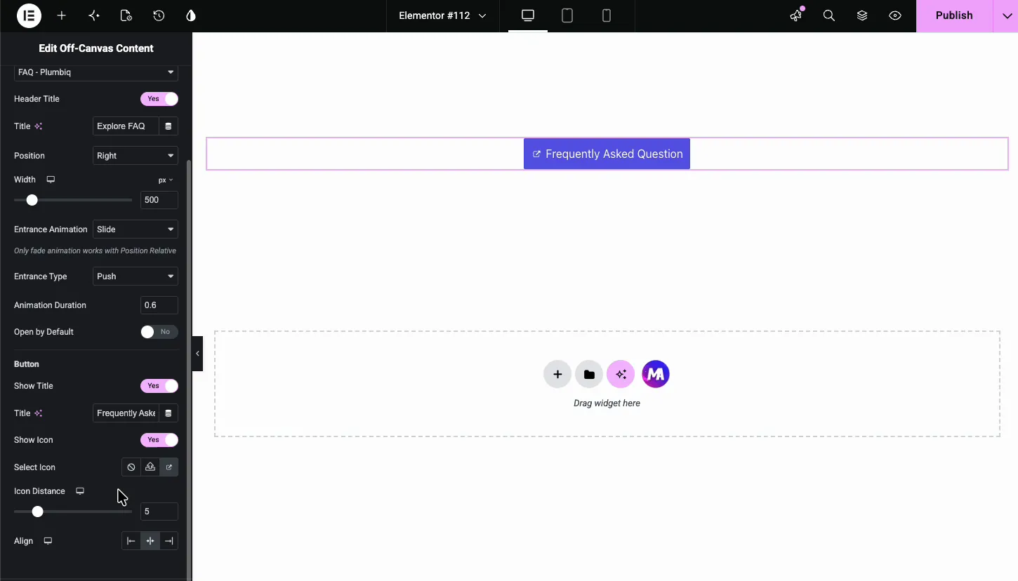 Off-canvas content set to 500 pixel width with slide entrance animation and push entrance type
