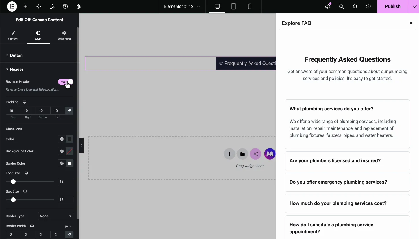 Off-canvas header style settings with reverse header toggle and close icon color, size, and border controls beside the open panel