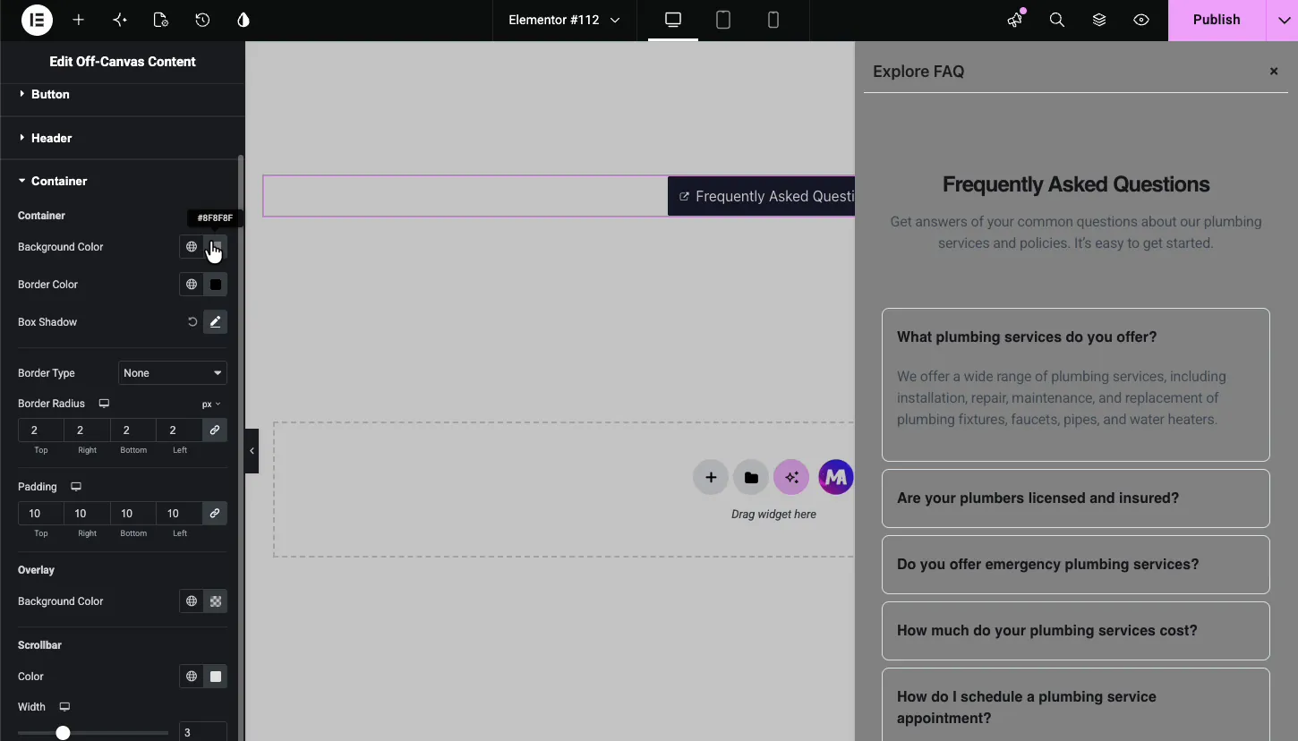 Off-canvas container style settings with background color, border, box shadow, overlay background, and scrollbar controls