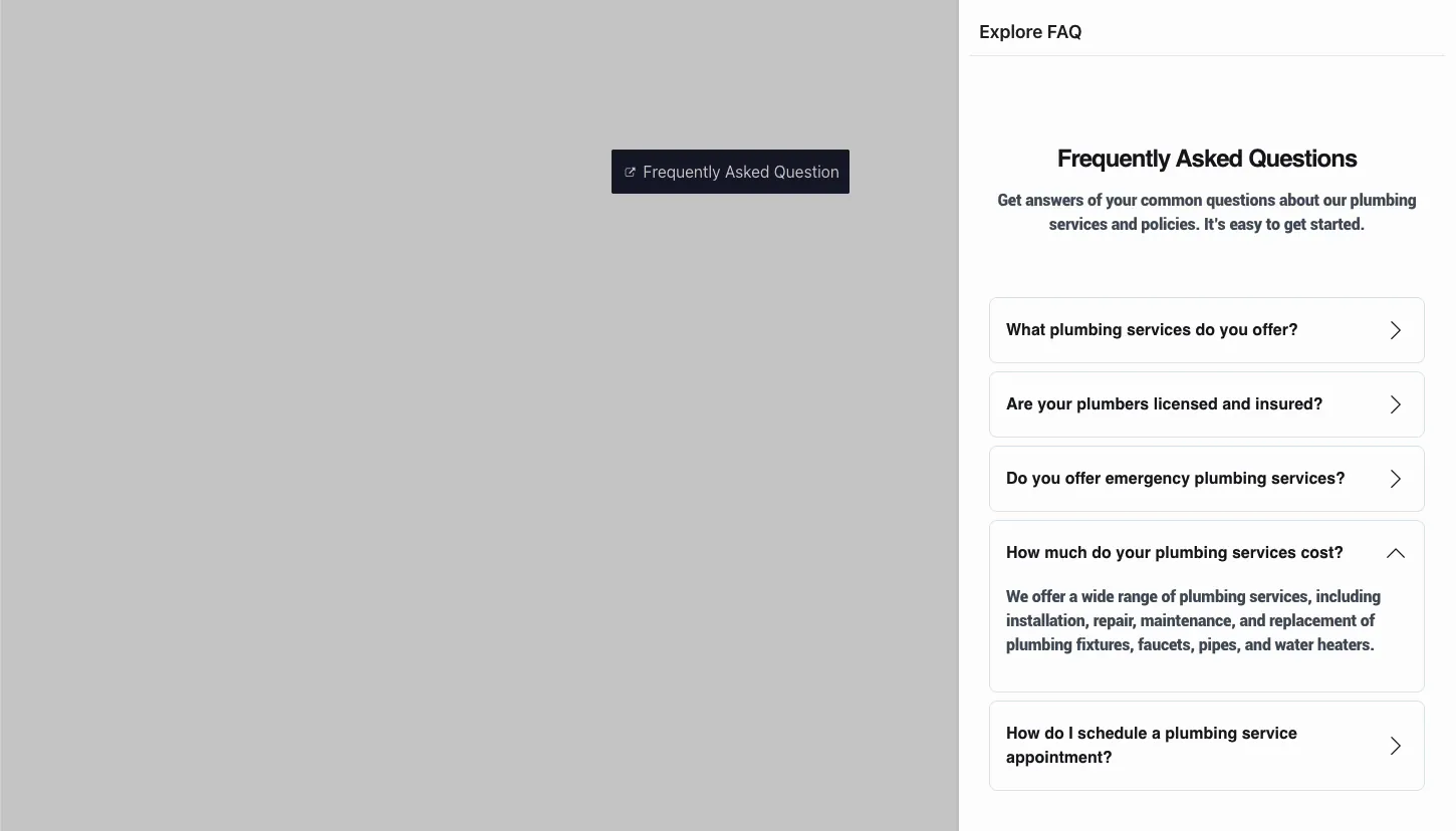 Off-canvas FAQ panel open on the live page with accordion questions, header title, and dimmed overlay behind it