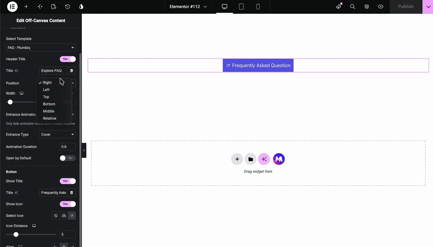 Off-Canvas position dropdown fully open showing right, left, top, bottom, middle, and relative options