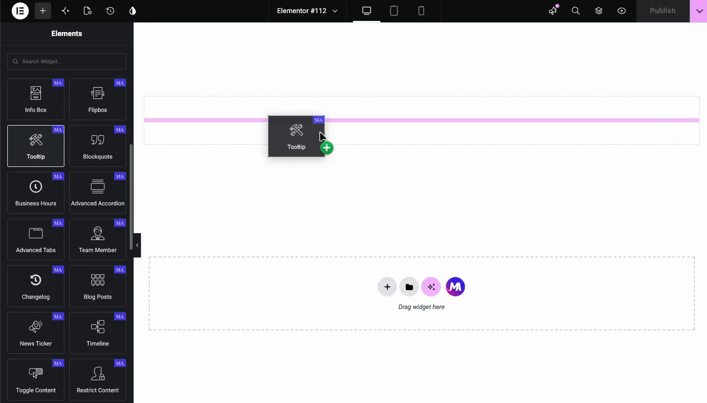 Master Addons Tooltip widget being dragged from the Elementor Elements panel onto the page