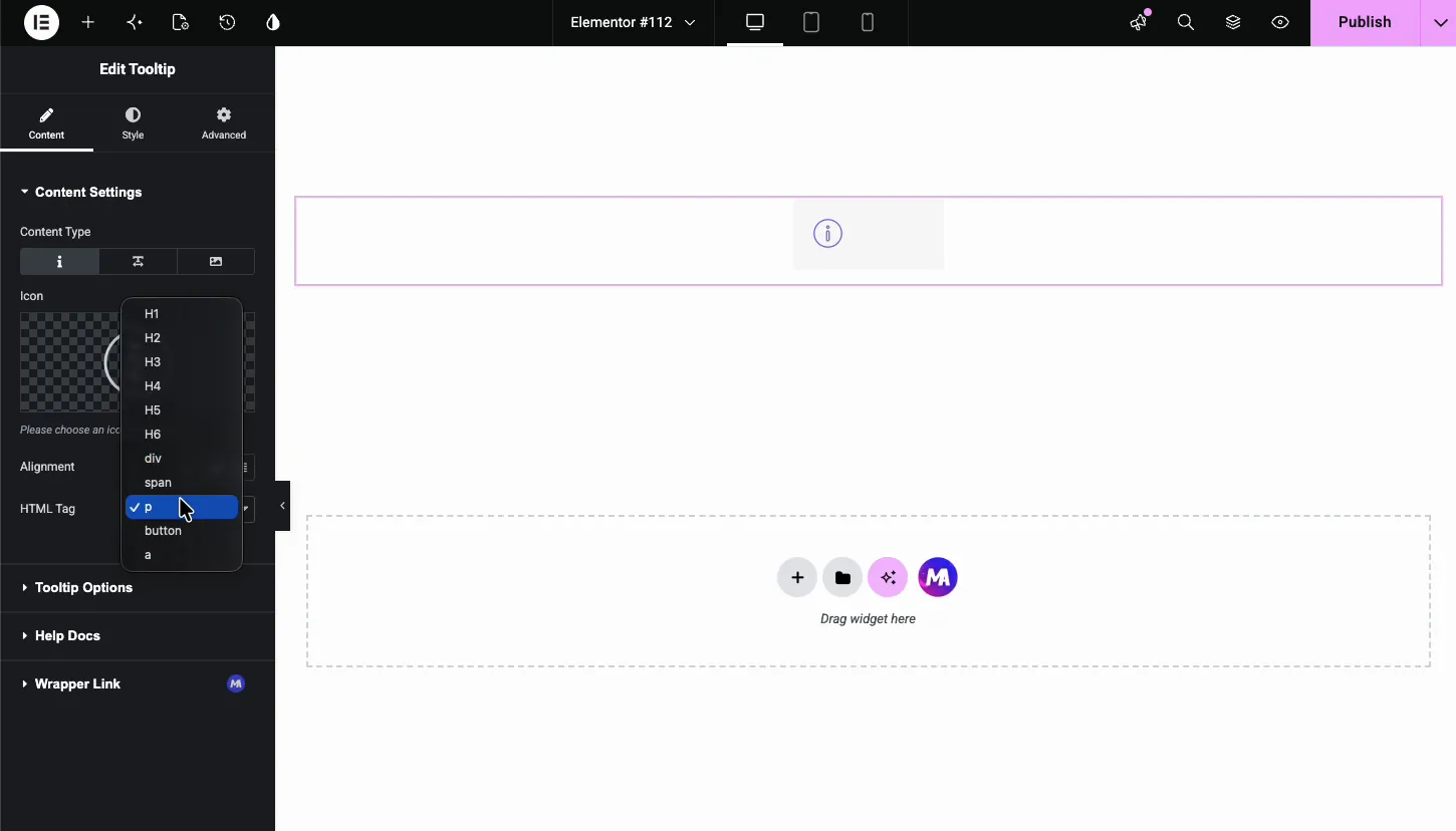 Tooltip Content Settings with content type switcher, icon picker, alignment, and the HTML tag dropdown open