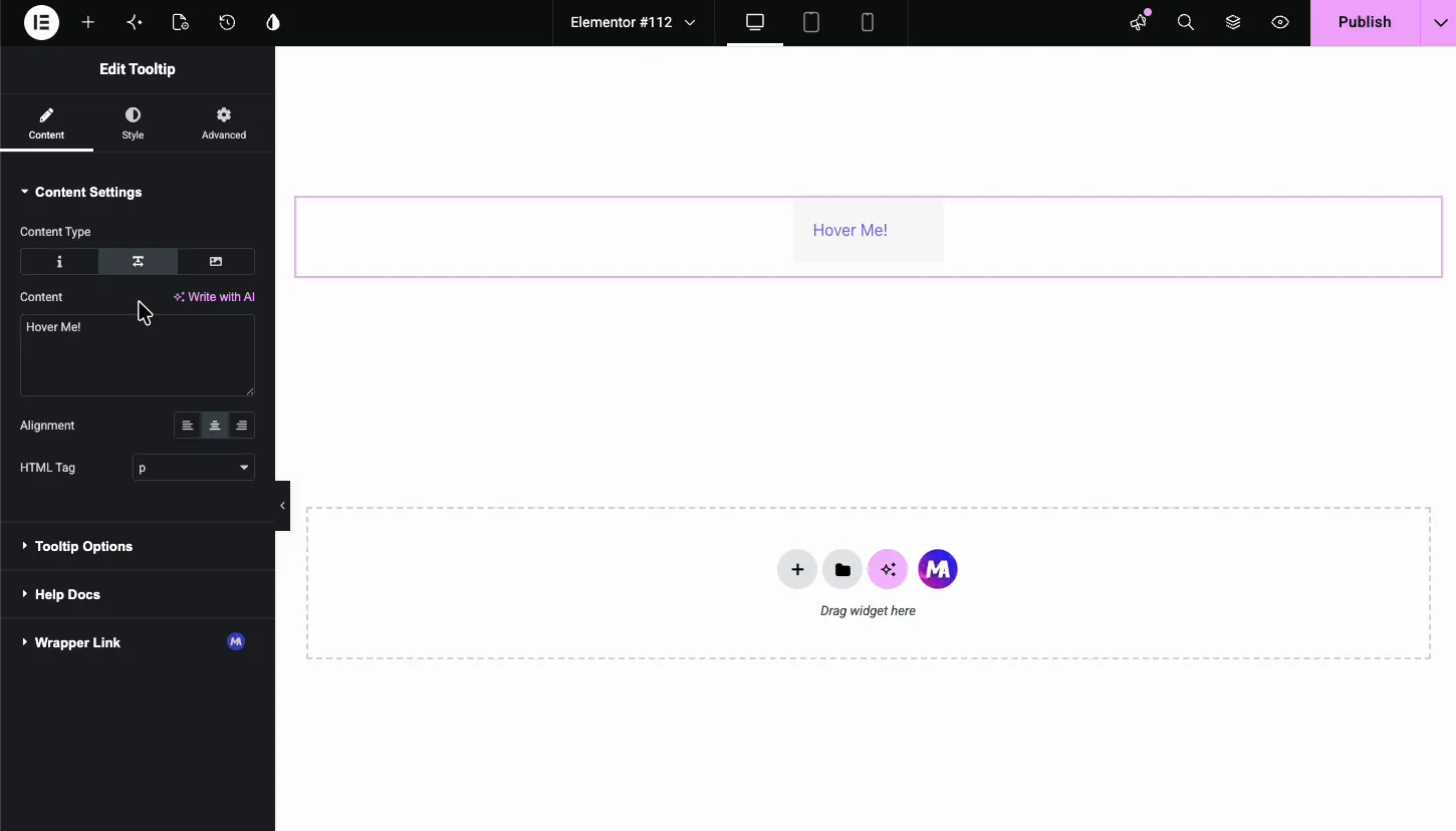Tooltip content type set to text with Hover Me content, alignment, and HTML tag controls