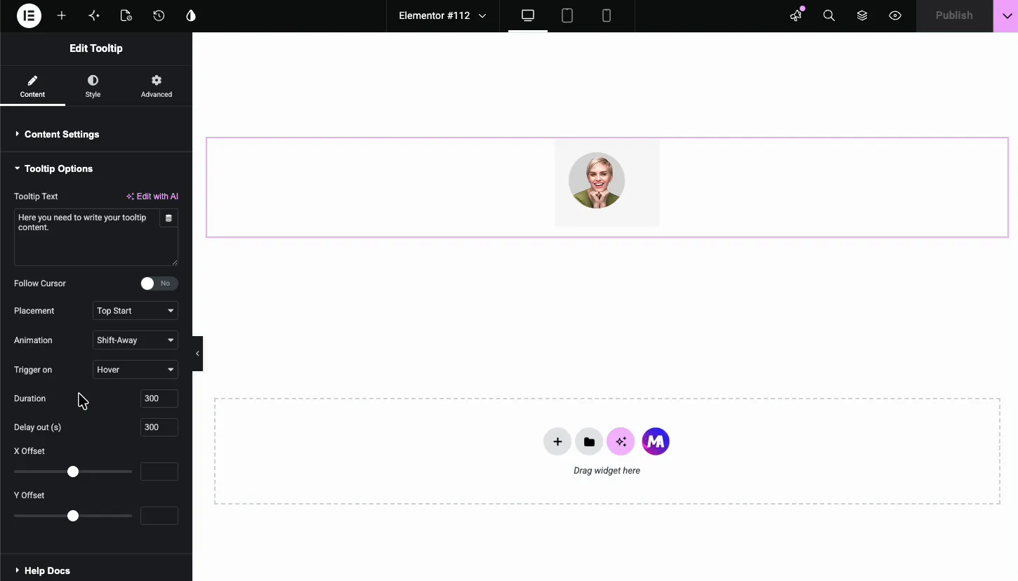 Tooltip content type set to image with a circular avatar photo as the tooltip target on the canvas