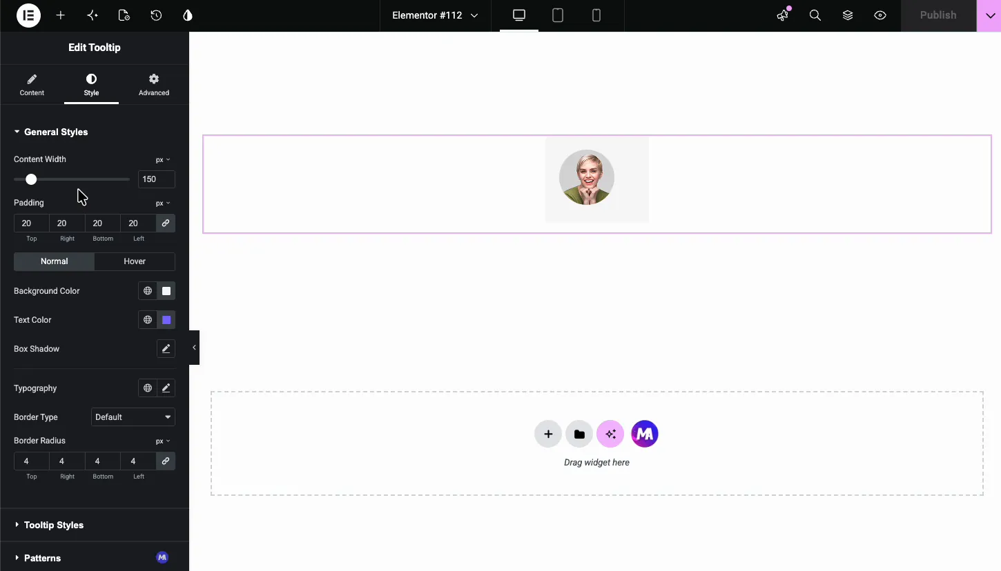 Tooltip General Styles with content width, padding, normal and hover states, background color, text color, and border radius