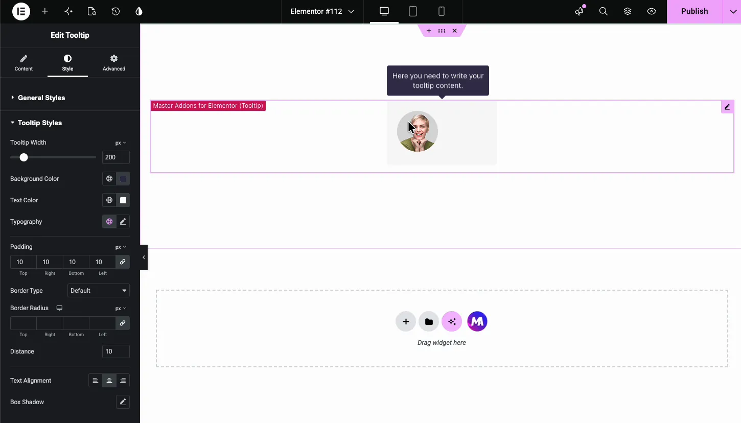 Tooltip Styles with tooltip width, dark background color, white text, padding, distance, and text alignment shown live above the image target