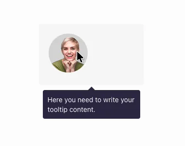Finished Elementor tooltip on the live page showing a dark bubble with white text below an avatar image on hover