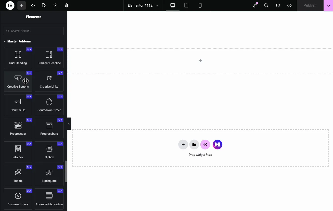 Master Addons Creative Buttons widget in the Elementor Elements panel beside Creative Links