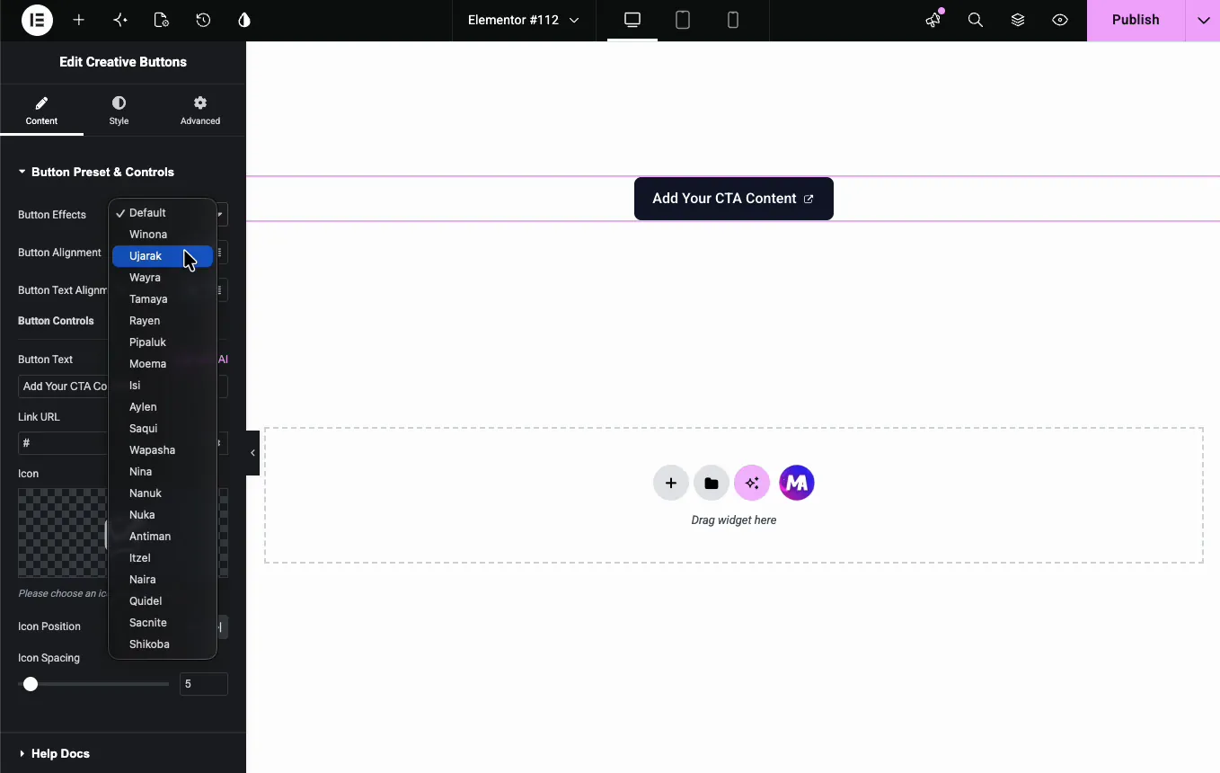 Button Effects dropdown open in the Creative Buttons widget listing preset animations like Winona, Ujarak, Wayra, and Rayen