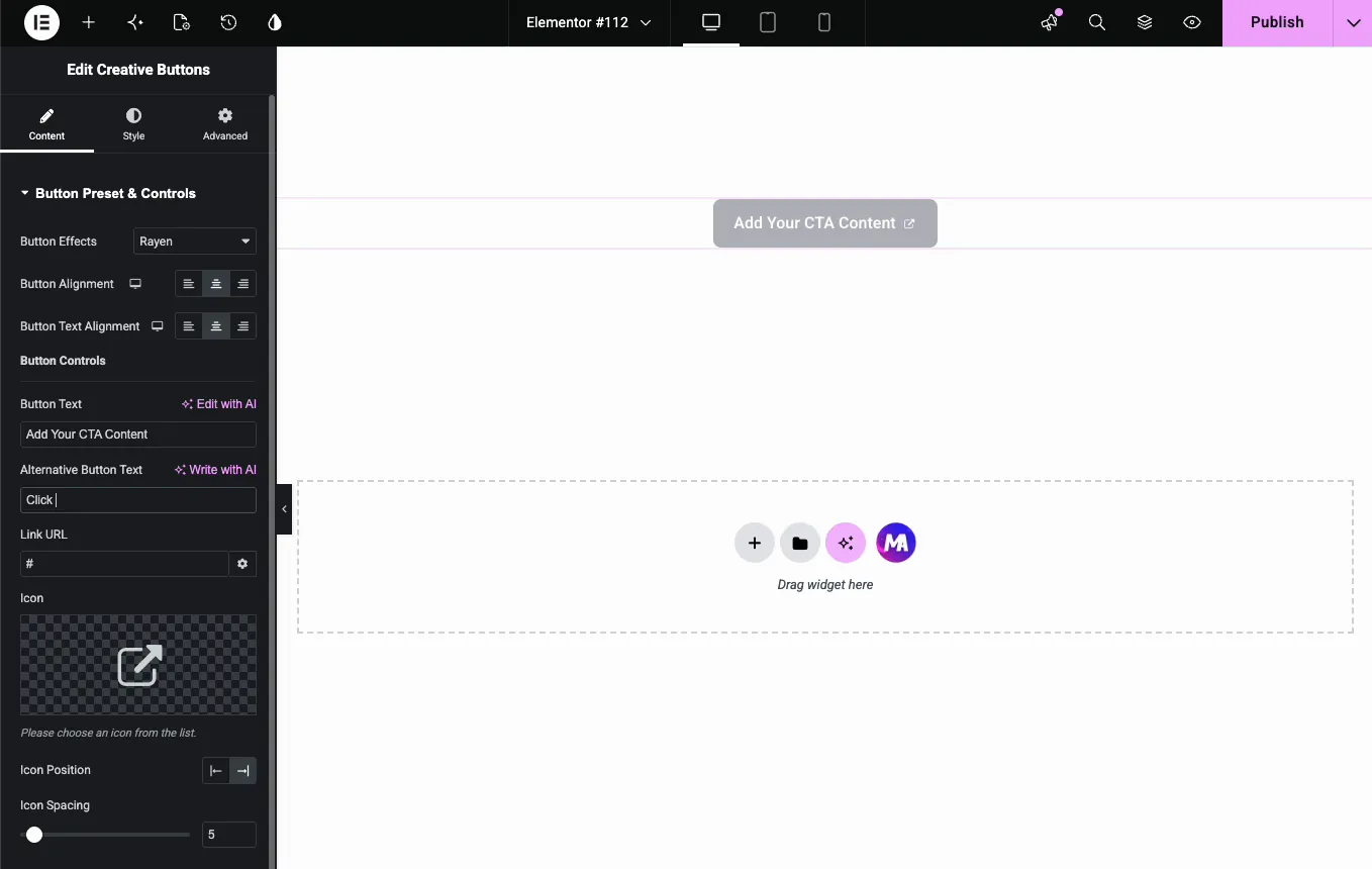 Creative Buttons alternative button text field shown for a text-swap preset with the hover animation playing on the canvas