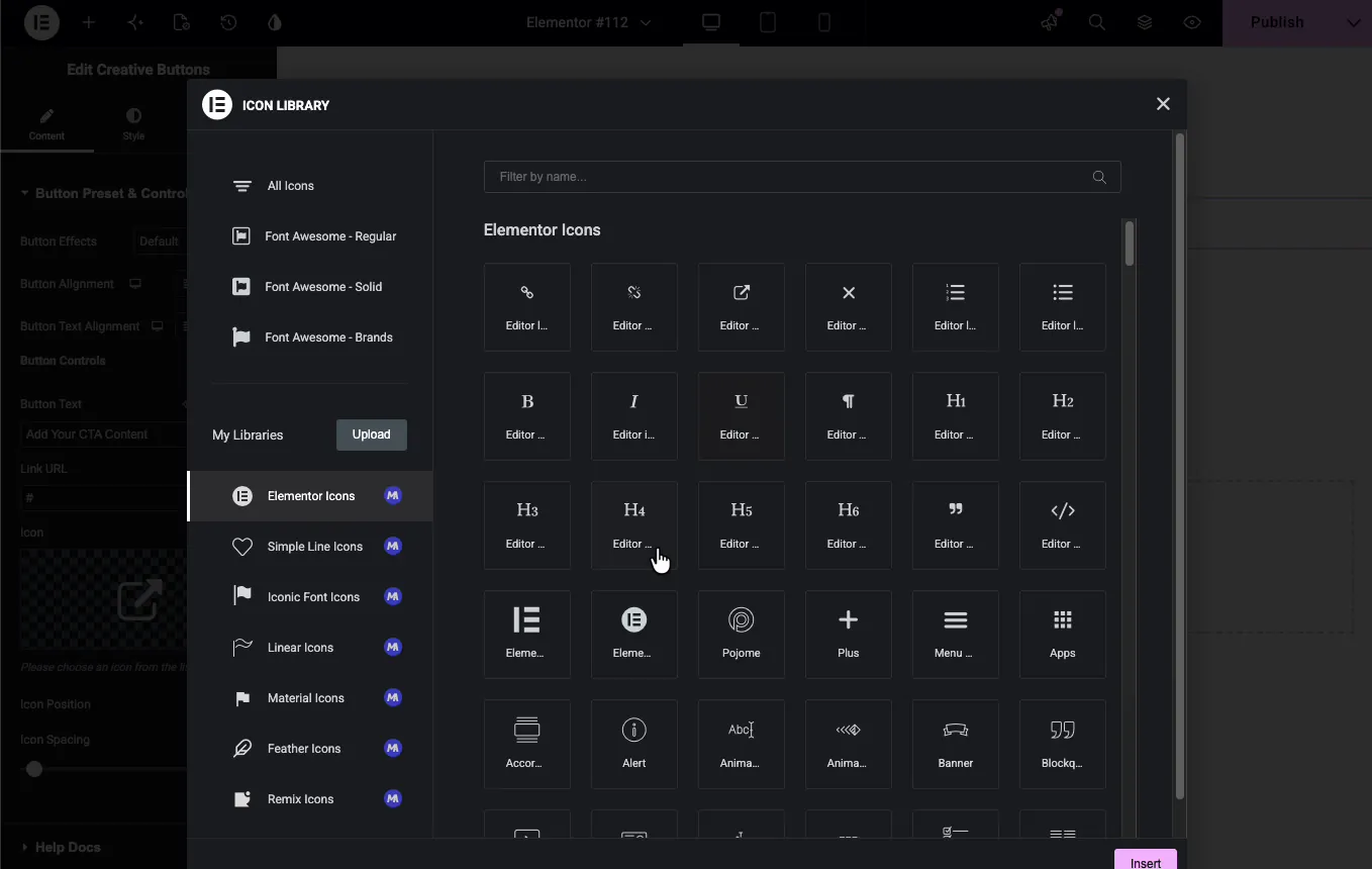 Elementor icon library open for choosing the Creative Buttons icon