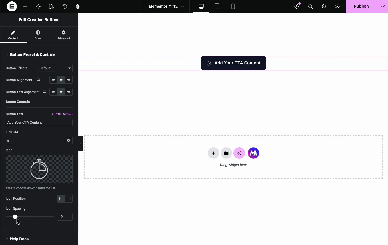 Creative button with a stopwatch icon, icon position control, and icon spacing set to 12