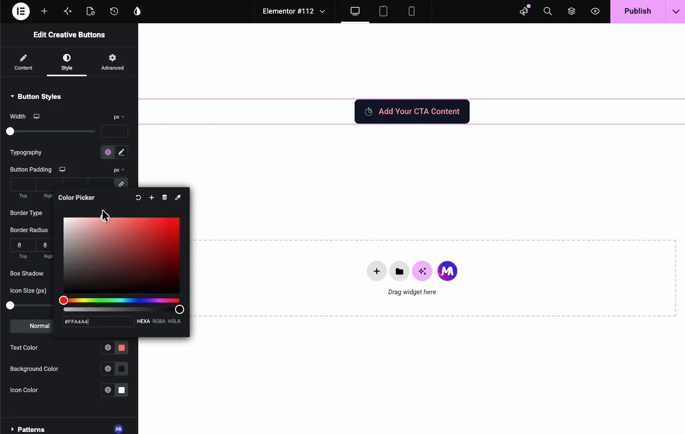 Creative Buttons style tab with border radius, box shadow, and the normal state color picker open over a blue button