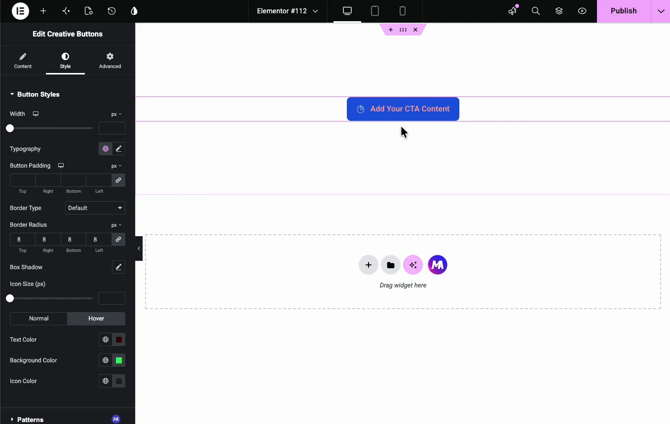 Creative Buttons hover state colors set to dark red text and green background in the style tab