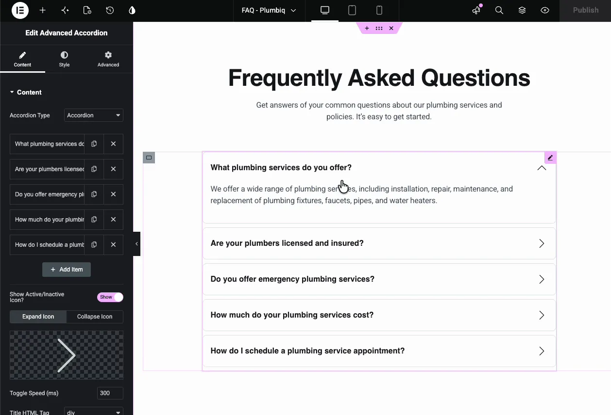 Advanced Accordion content settings in Elementor with accordion type, question items, expand icon, and toggle speed beside an FAQ section