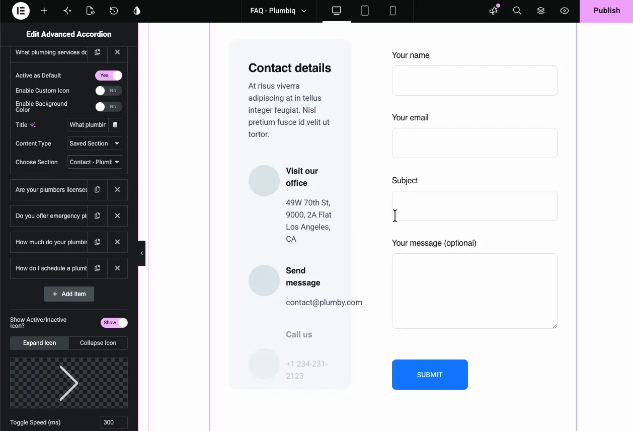 Accordion item set to saved section content type loading a contact form template inside the open item