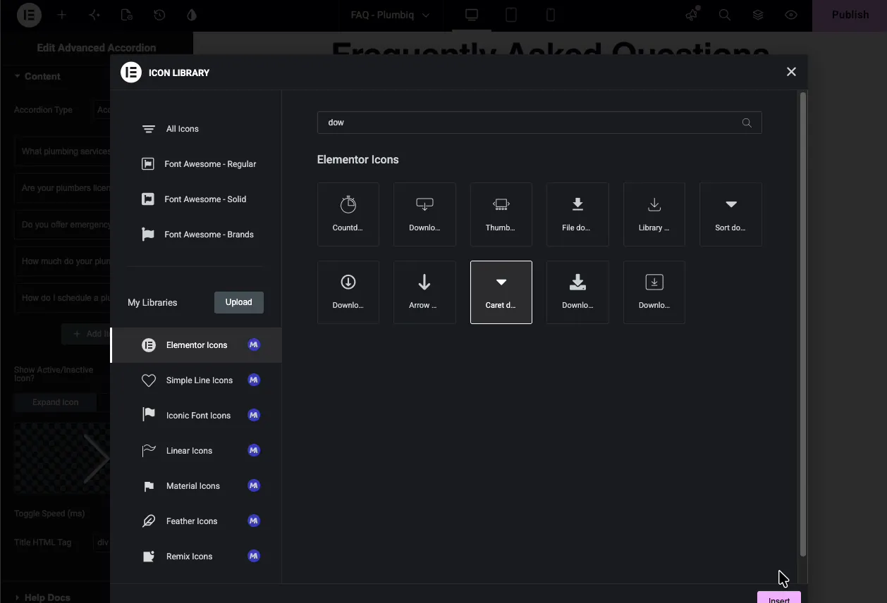 Elementor icon library open with a search for down icons while choosing the accordion expand icon