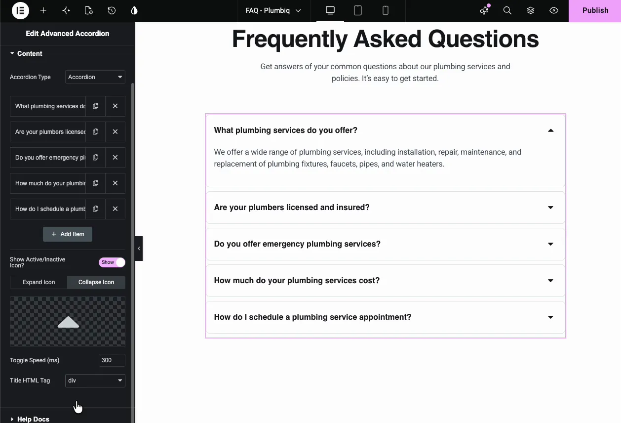 Advanced Accordion title style controls with normal, hover, and active states, background color, typography, border radius, and padding