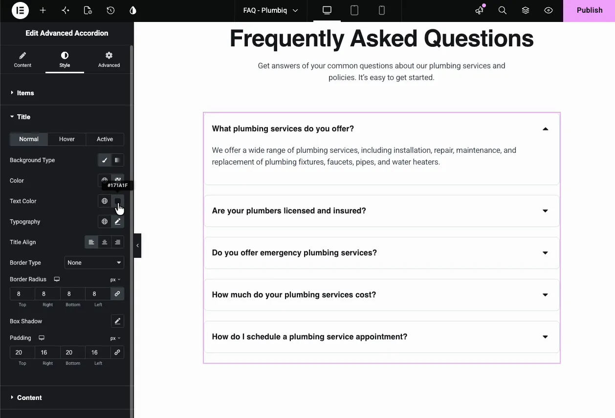 Accordion title colors being set with the color picker showing gray title bars and blue question text on the canvas