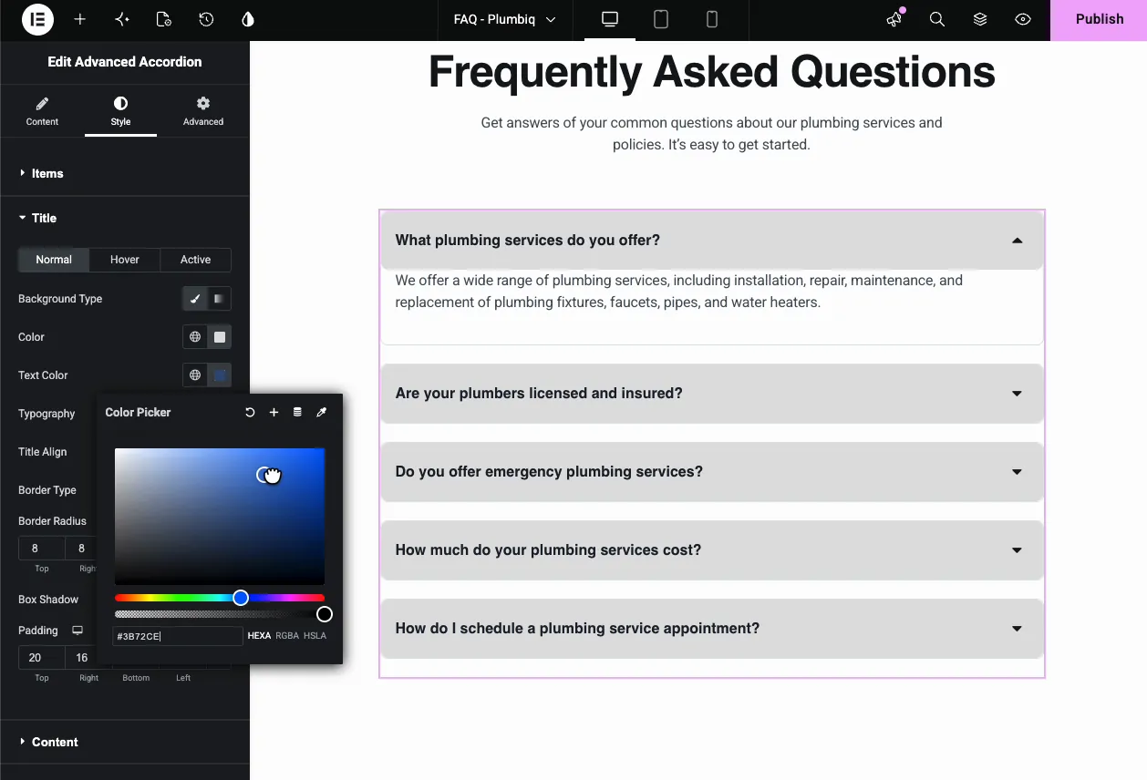 Advanced Accordion content style section with background color, text color, typography, and padding controls