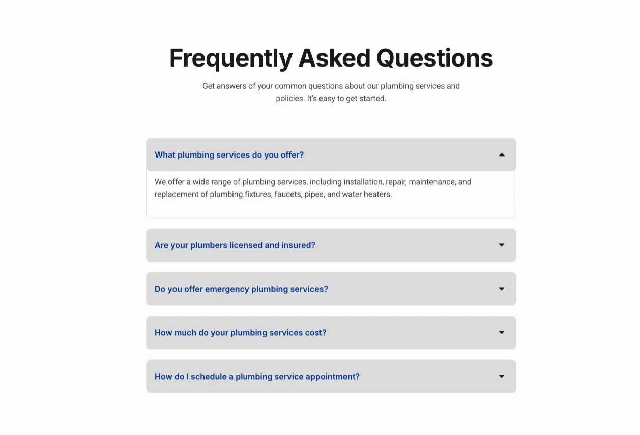 Finished Elementor advanced accordion FAQ on the live page with gray title bars, blue questions, and the first item open