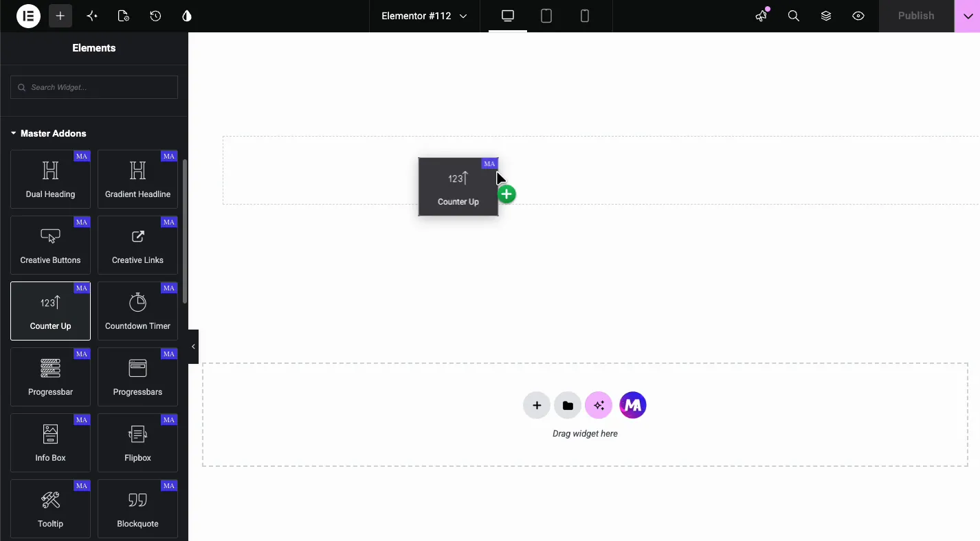 Master Addons Counter Up widget being dragged from the Elementor Elements panel onto the page