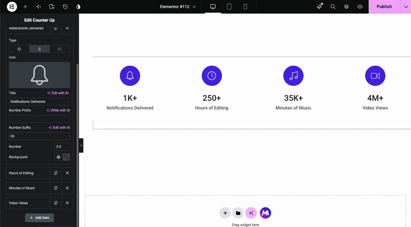 Counter Up item settings with type switcher, icon picker, title, number prefix, number suffix, and number fields