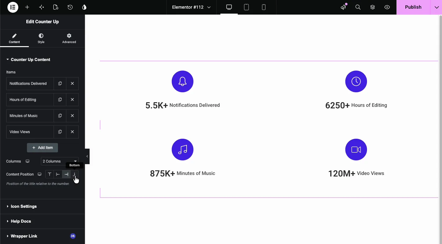 Counter Up columns control set to 2 columns with content position options showing number and title side by side