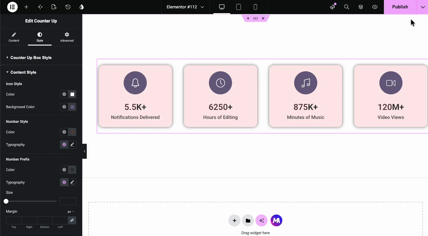 Counter Up content style with icon color and background, number style, number prefix, and title style controls beside the styled cards