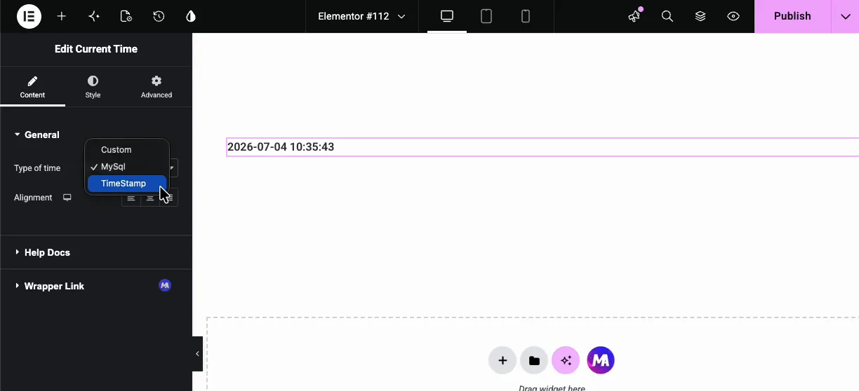 Current Time widget default look after drag and drop with the type of time dropdown showing custom, MySql, and timestamp options