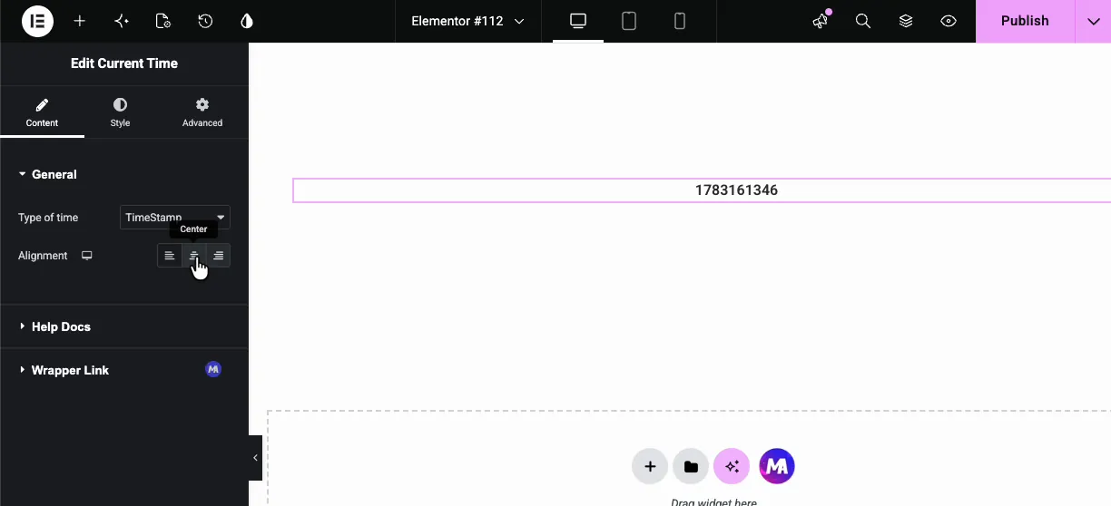 Current Time widget set to timestamp type printing a raw Unix timestamp on the Elementor canvas