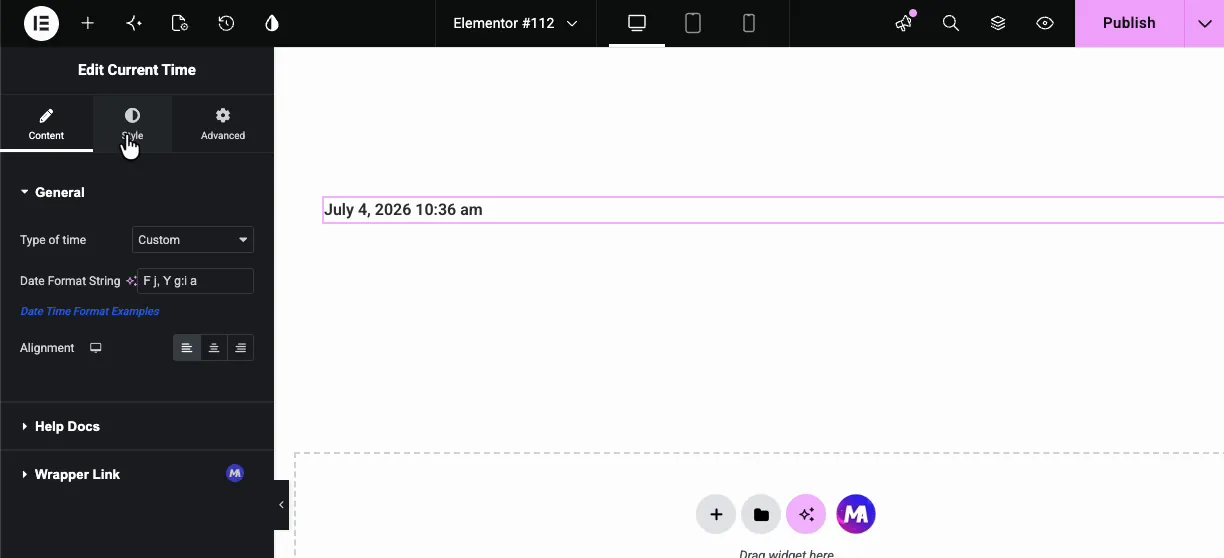 Current Time widget set to custom type with the date format string F j, Y g:i a rendering July 4, 2026 on the canvas