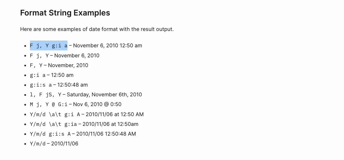Date format string examples reference showing format characters like F j Y and their rendered date outputs