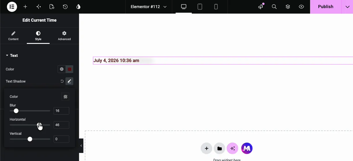 Current Time style tab with text color set to dark red and the text shadow controls open
