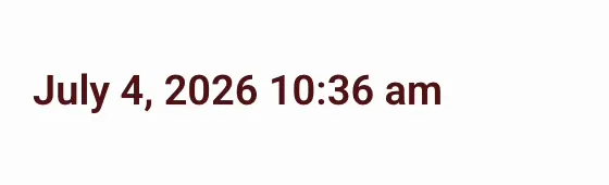 Finished Elementor current time output on the live page showing July 4, 2026 10:36 am in dark red semibold text