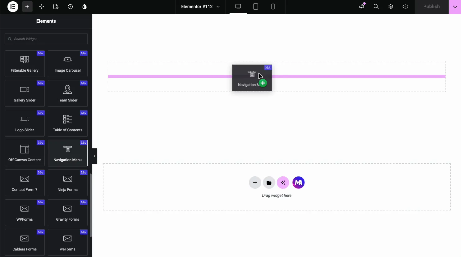 Master Addons Navigation Menu widget being dragged from the Elementor Elements panel onto the page
