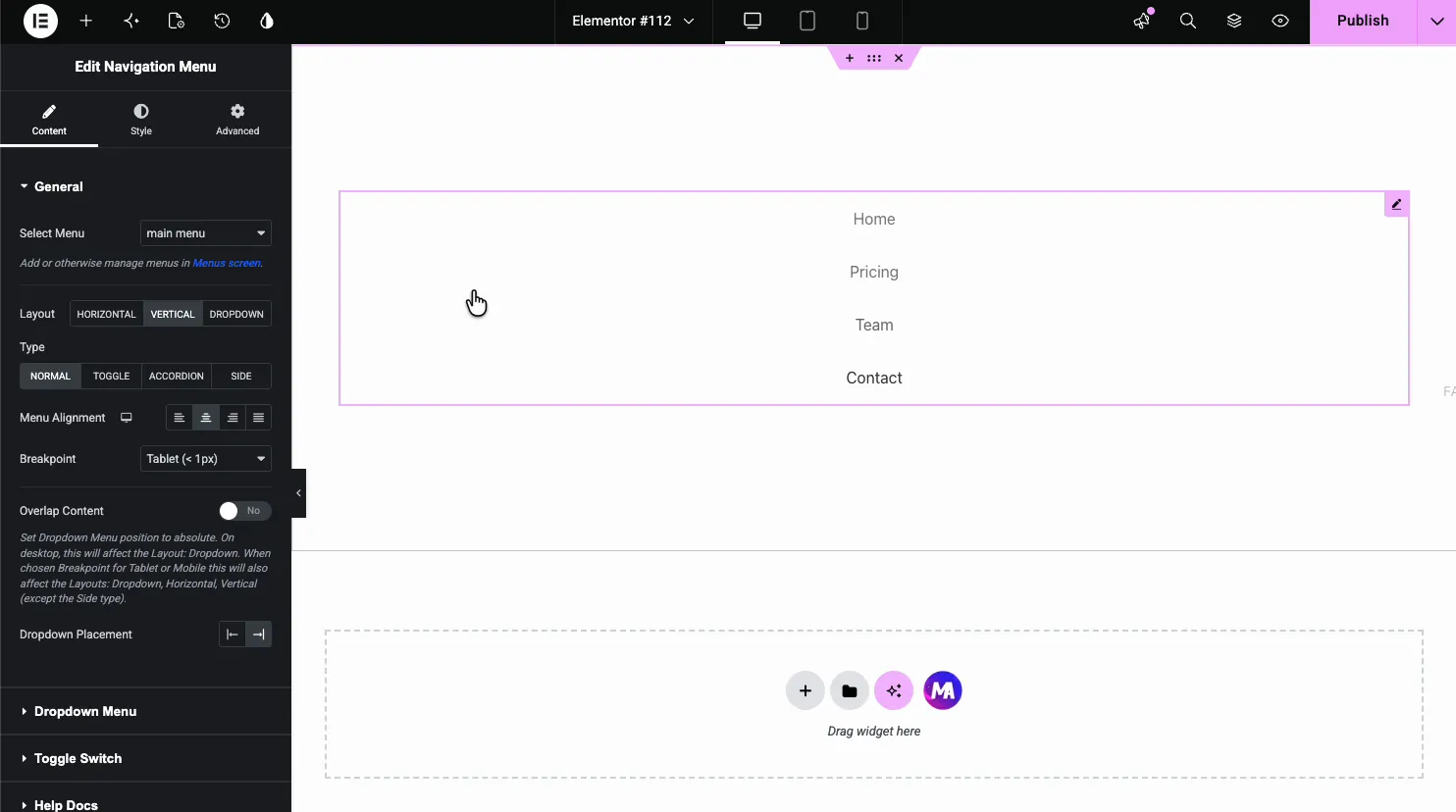 Navigation Menu general settings with select menu, vertical layout, and normal type showing the menu stacked on the canvas