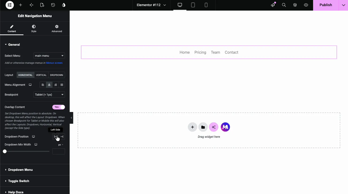Navigation Menu set to horizontal layout with overlap content enabled and dropdown position controls