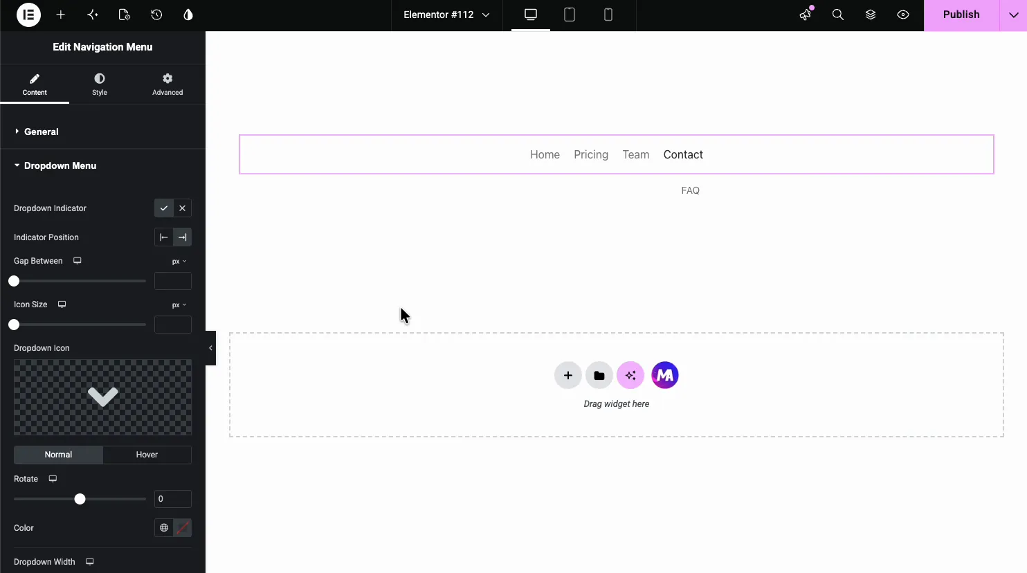Dropdown Menu settings with dropdown indicator, indicator position, gap, icon size, and the dropdown chevron icon