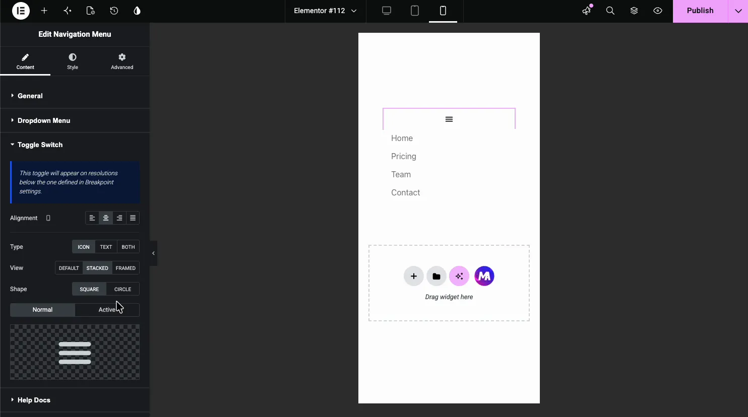 Toggle Switch settings in mobile preview showing the hamburger icon above the stacked menu items