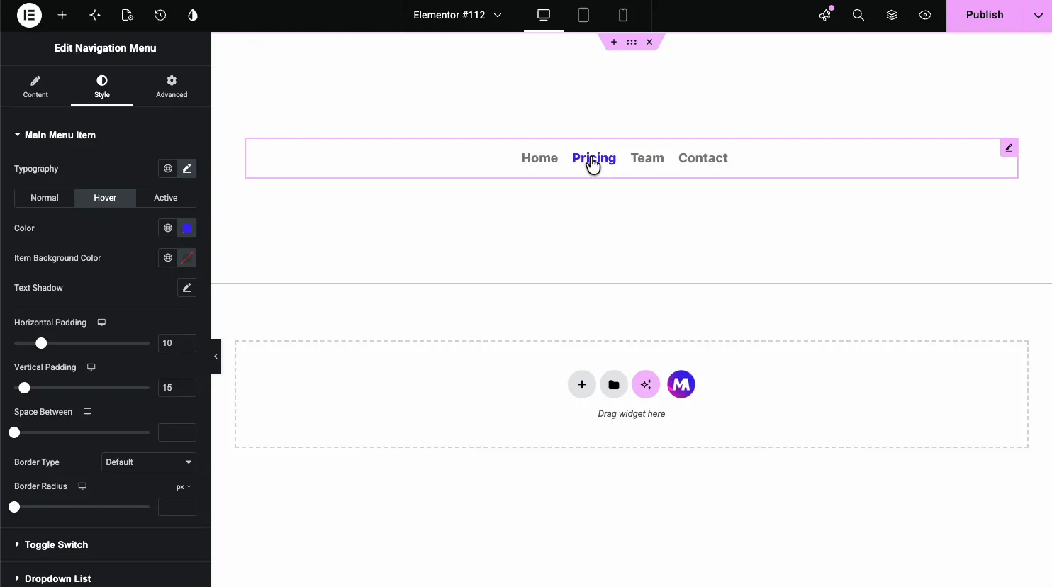 Main Menu Item hover state with blue color applied, previewing on the Pricing item with padding controls below