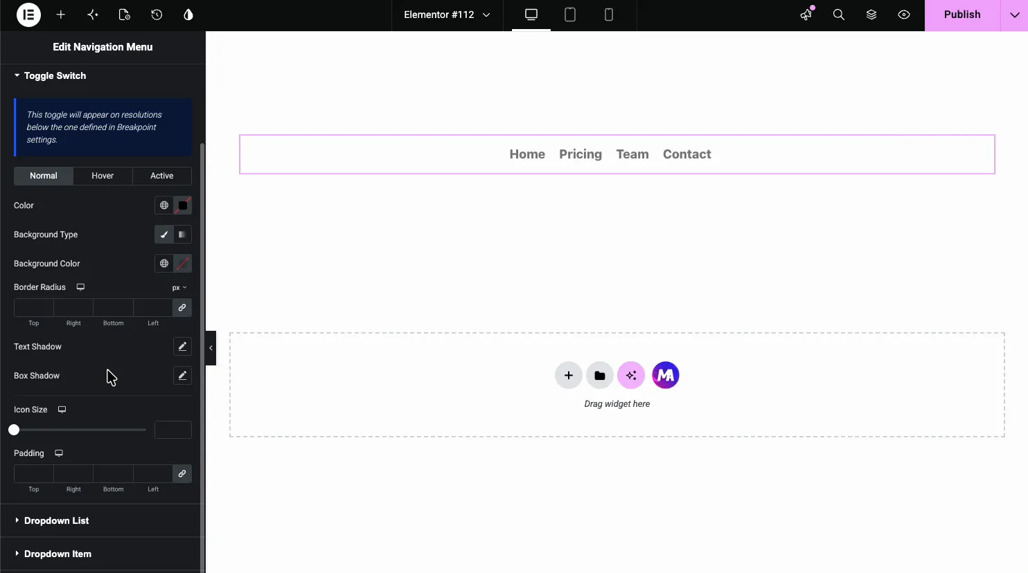 Toggle Switch style section with color, background type, border radius, shadows, icon size, and padding controls