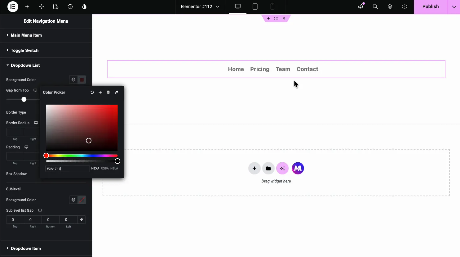 Dropdown List style section with background color picker, gap from top, border, padding, and sublevel controls