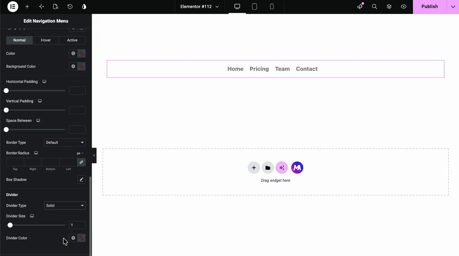 Dropdown Item style section with state colors, padding, and divider type, size, and color controls