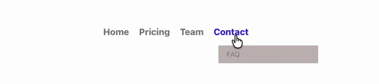 Finished Elementor navigation menu on the live page with Contact hovered in blue and the FAQ dropdown open below it