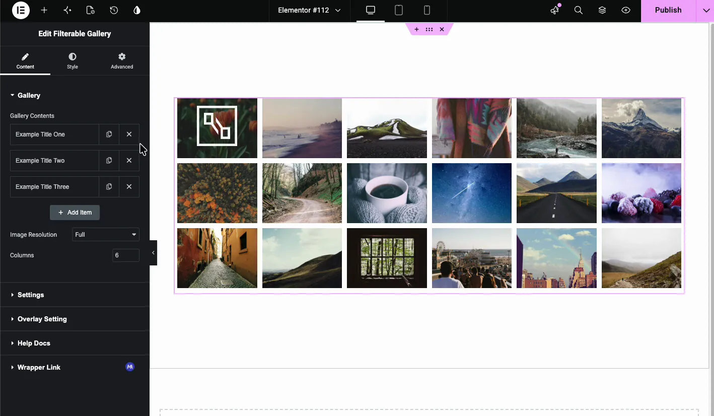 Filterable Gallery Content tab showing Gallery Contents repeater, Image Resolution, and Columns settings